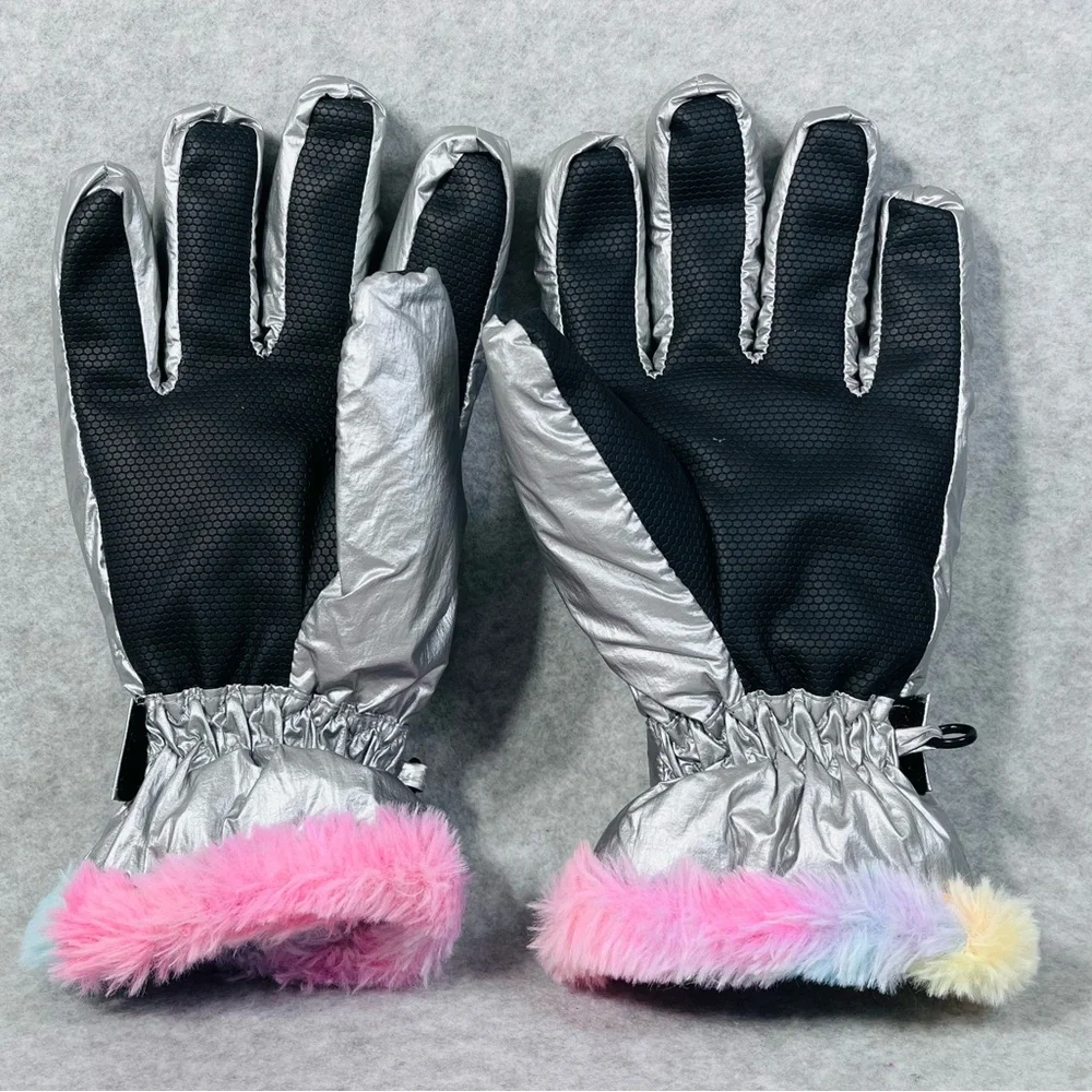 Swiss Tech Girls Rainbow Powder Muff‎ SILVER METALLIC Winter Gloves L/XL